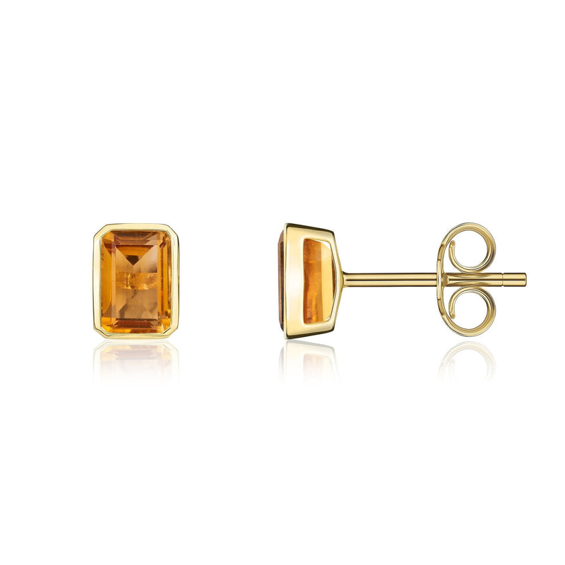 9ct Yellow Gold Octagonal Emerald Cut Natural Citrine Rubover Stud Earrings — 7x5mm