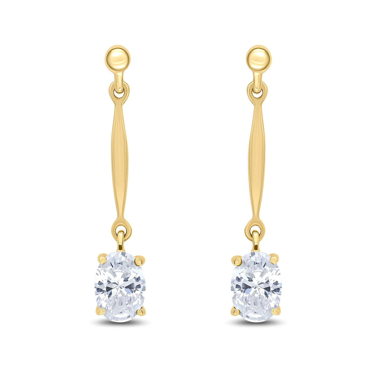 9ct Yellow Gold Oval Cubic Zirconia CZ Claw Bar Drop Earrings — 7x5mm