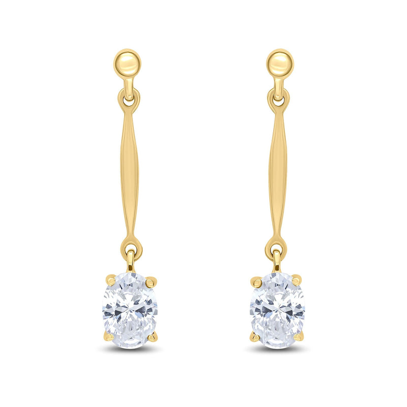 9ct Yellow Gold Oval Cubic Zirconia CZ Claw Bar Drop Earrings — 7x5mm
