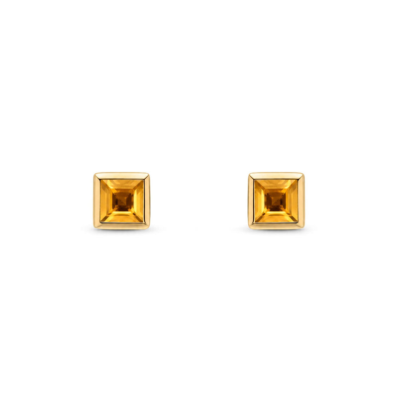 9ct Yellow Gold Square Natural Citrine Rubover Stud Earrings — 3mm
