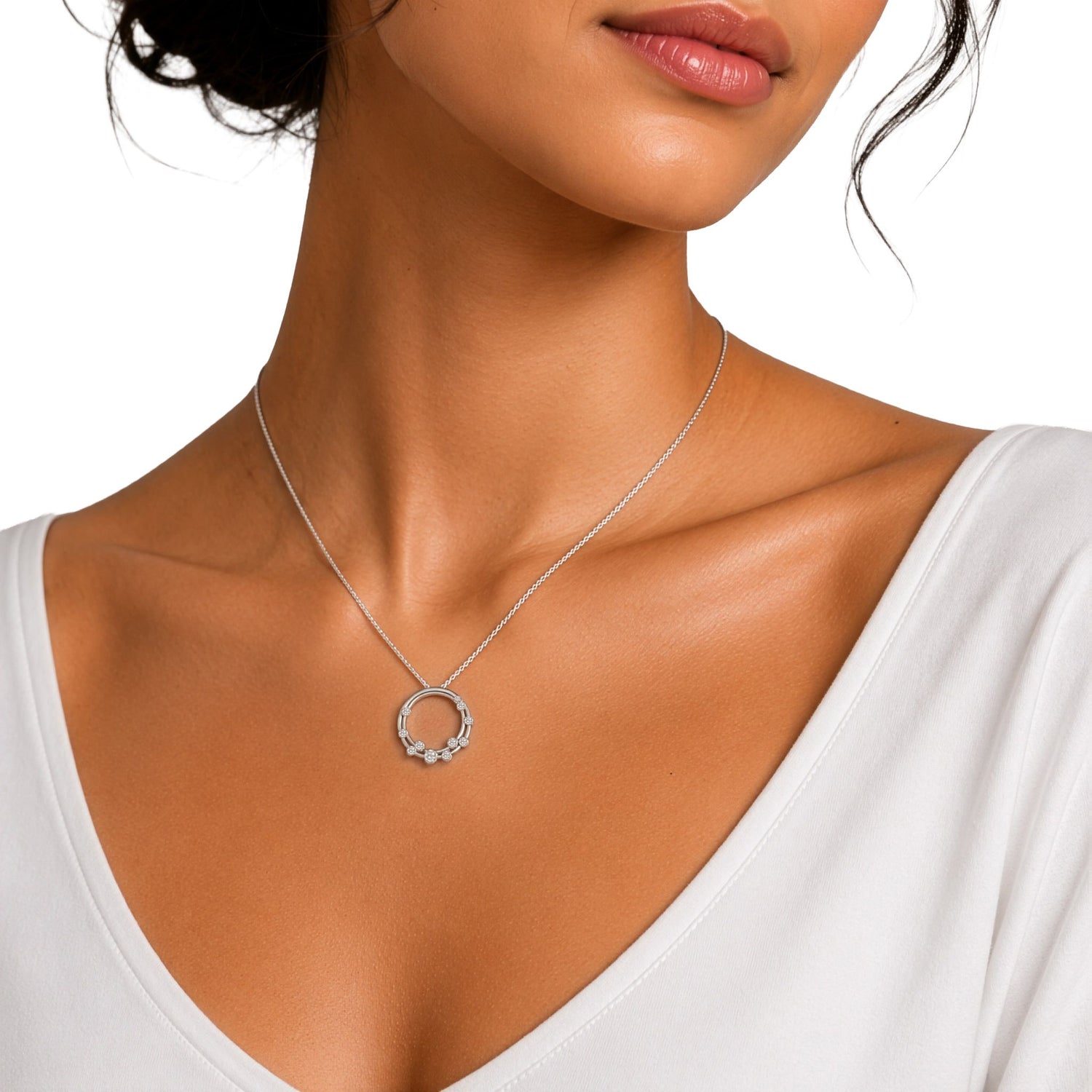 18ct White Gold Rubover Round Natural Diamond Bubble Double Circle Slider Pendant — 24mm