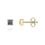 9ct Yellow Gold Square Natural Tanzanite Rubover Stud Earrings — 3mm