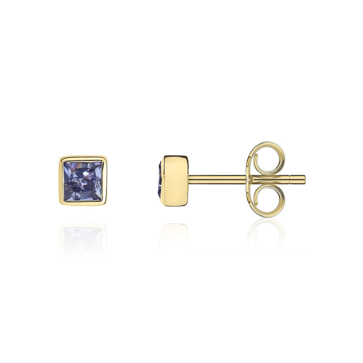 9ct Yellow Gold Square Natural Tanzanite Rubover Stud Earrings — 3mm