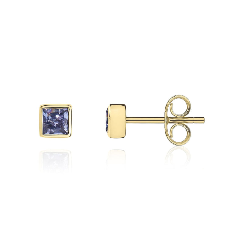 9ct Yellow Gold Square Natural Tanzanite Rubover Stud Earrings — 3mm
