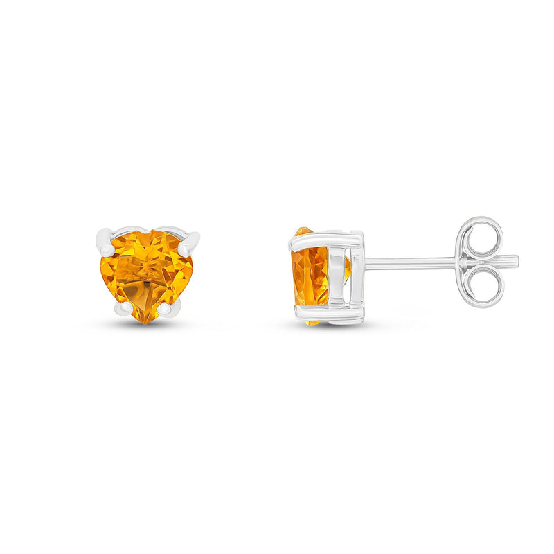 9ct White Gold Heart Natural Citrine Claw Stud Earrings