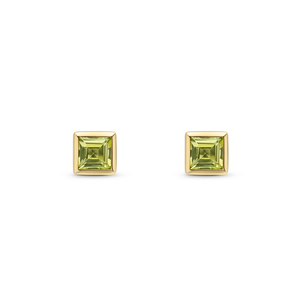 9ct Yellow Gold Square Natural Peridot Rubover Stud Earrings — 3mm