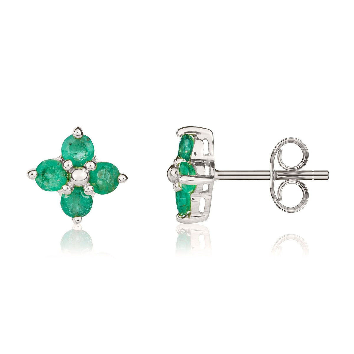 9ct White Gold Round Natural Emerald Four Stone Cluster Stud Earrings