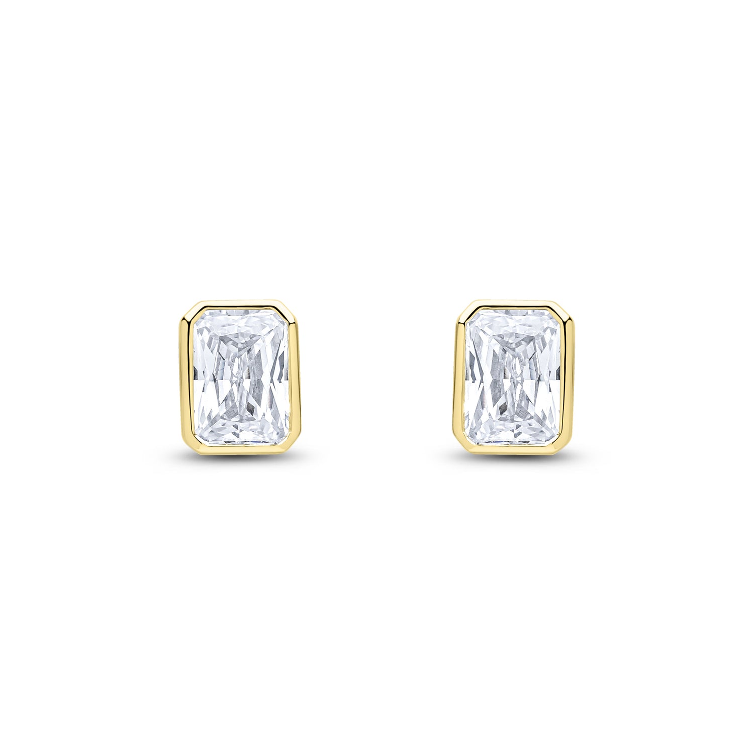 9ct Yellow Gold Octagonal Emerald Cut Cubic Zirconia CZ Rubover Stud Earrings — 7x5mm