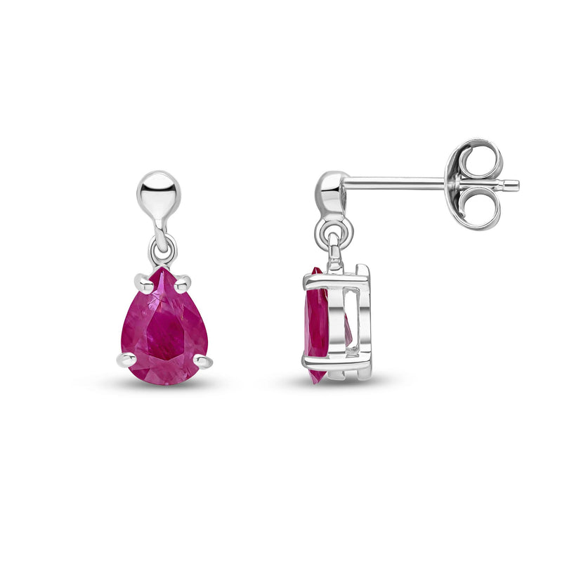 9ct White Gold Pear Shaped Natural Ruby Claw Drop Earrings — 7x5mm