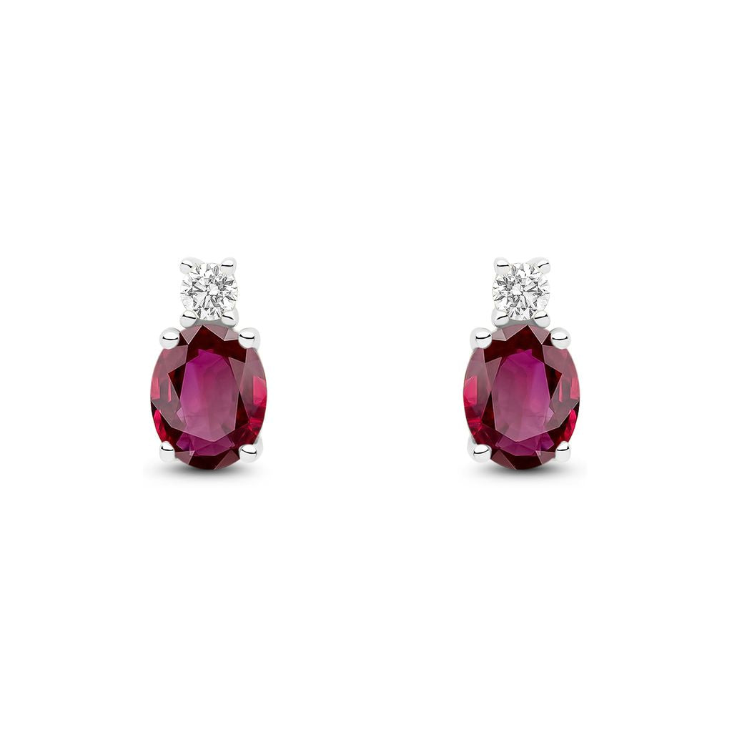 18ct White Gold Oval Natural Ruby and Round Diamond Two Stone Stud Earrings — 5x4mm