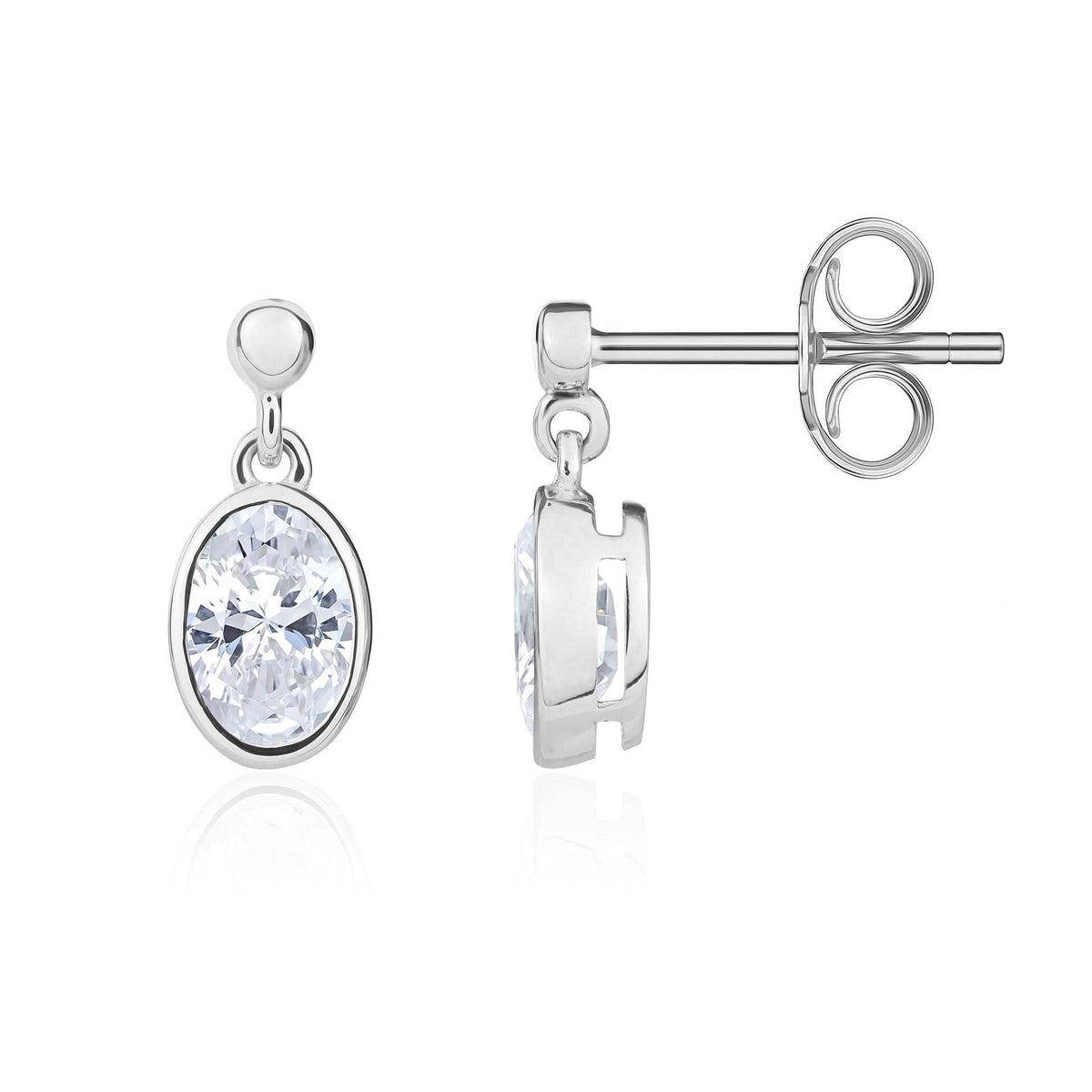 9ct White Gold Oval Cubic Zirconia CZ Rubover Drop Earrings — 6x4mm