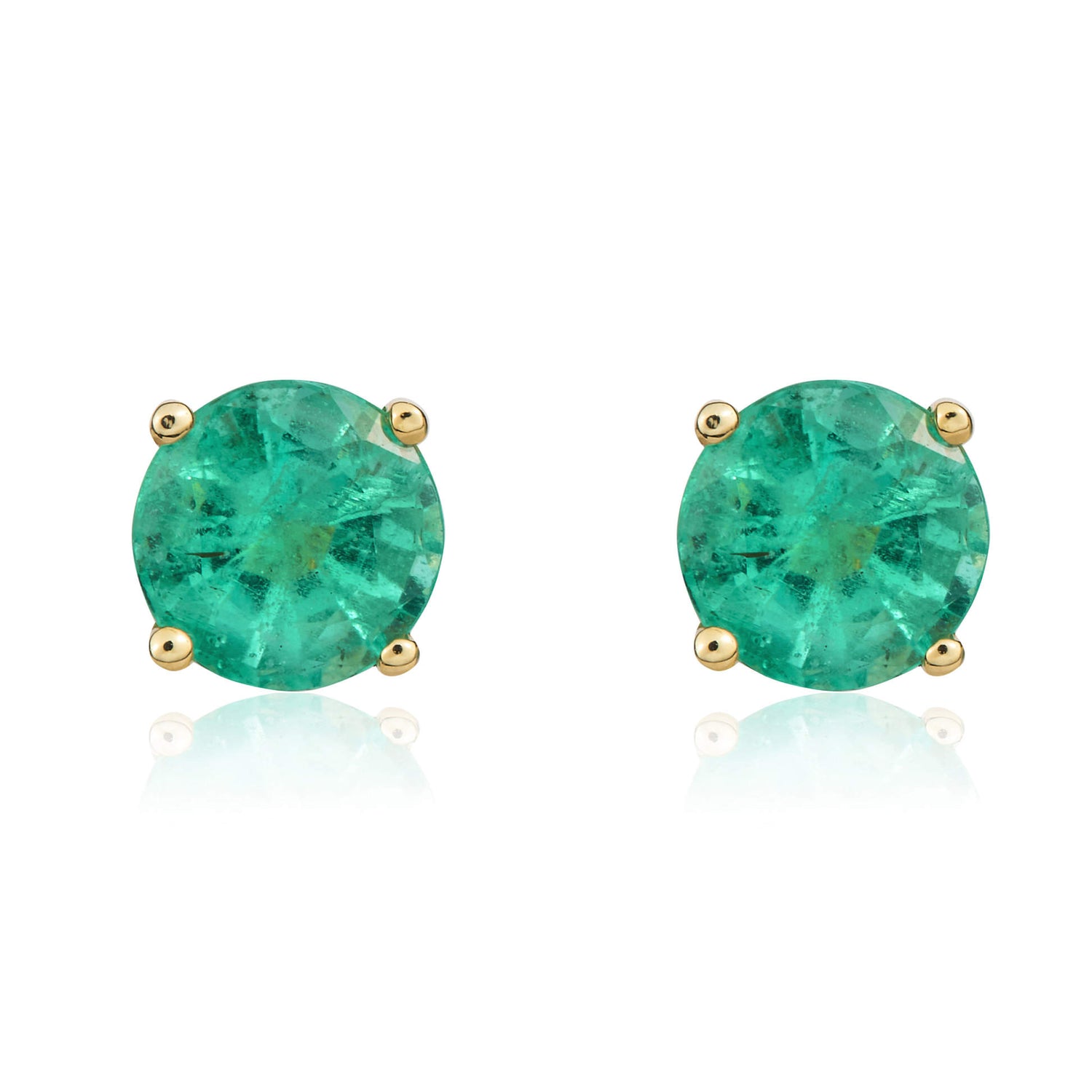9ct Yellow Gold Round Natural Emerald Claw Set Stud Earrings — 5mm