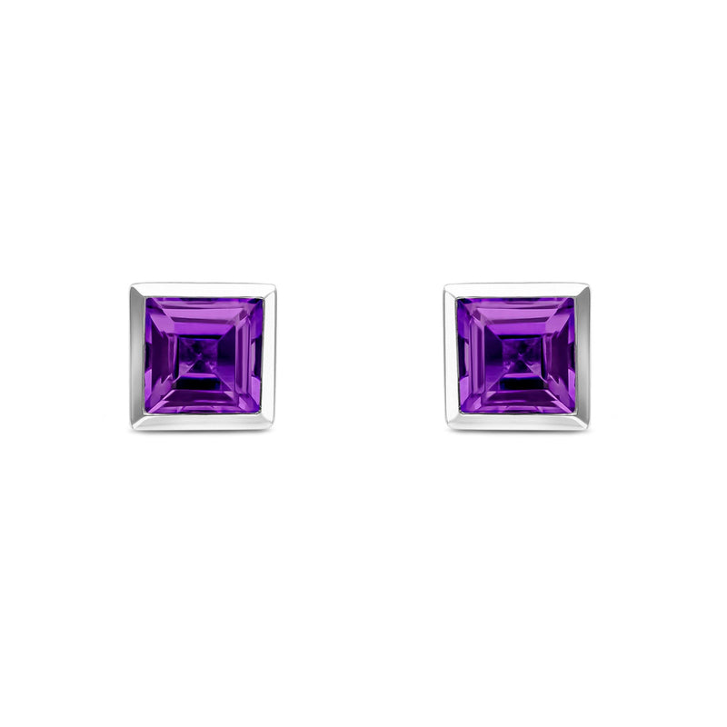 9ct White Gold Square Natural Amethyst Rubover Stud Earrings — 5mm