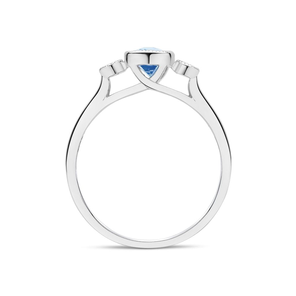 9ct White Gold Cushion Aquamarine & Round Diamond Millegrain Set Three Stone Ring — 7x5mm