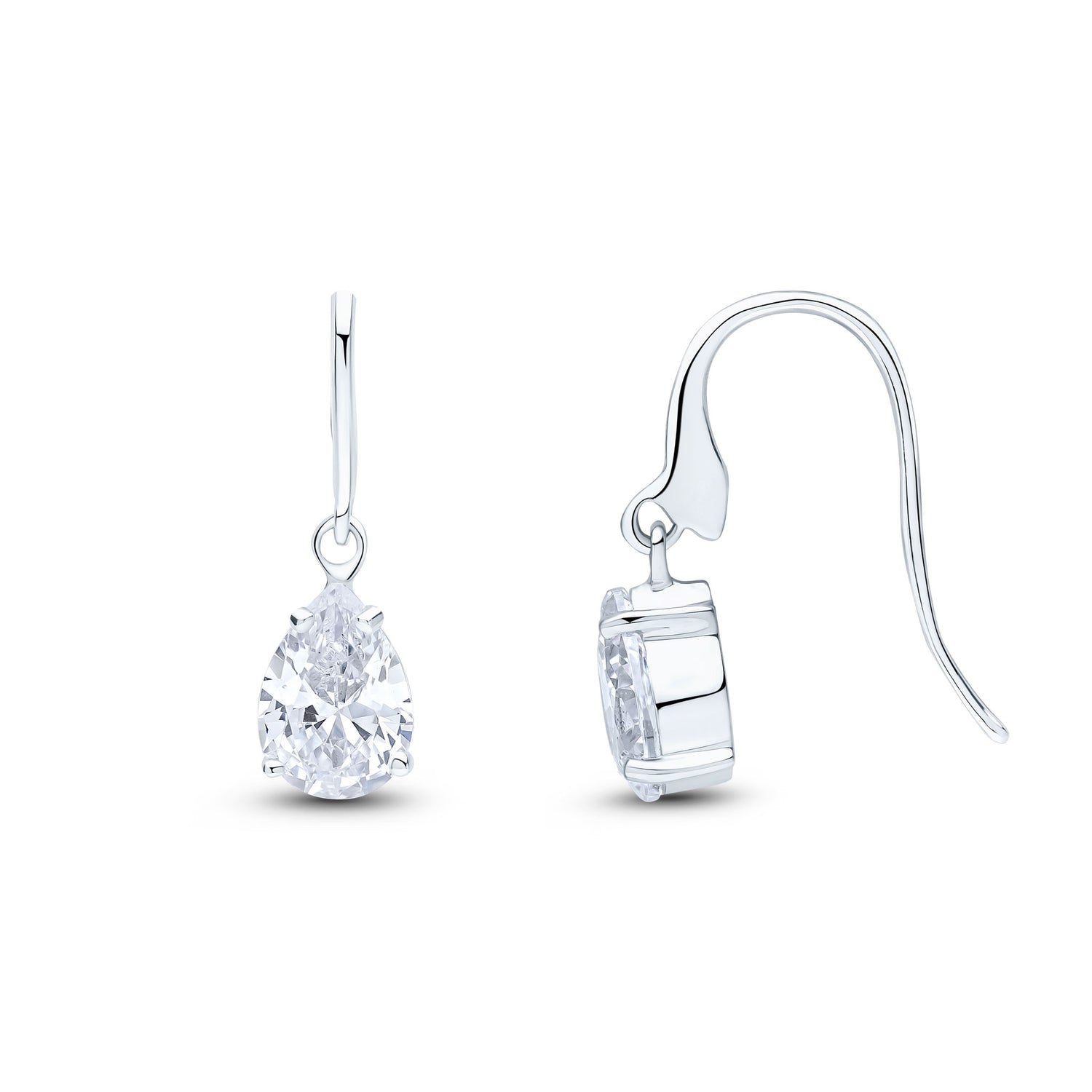 9ct White Gold Pear Shaped Cubic Zirconia Claw Wire Hook Drop Earrings — 7x5mm