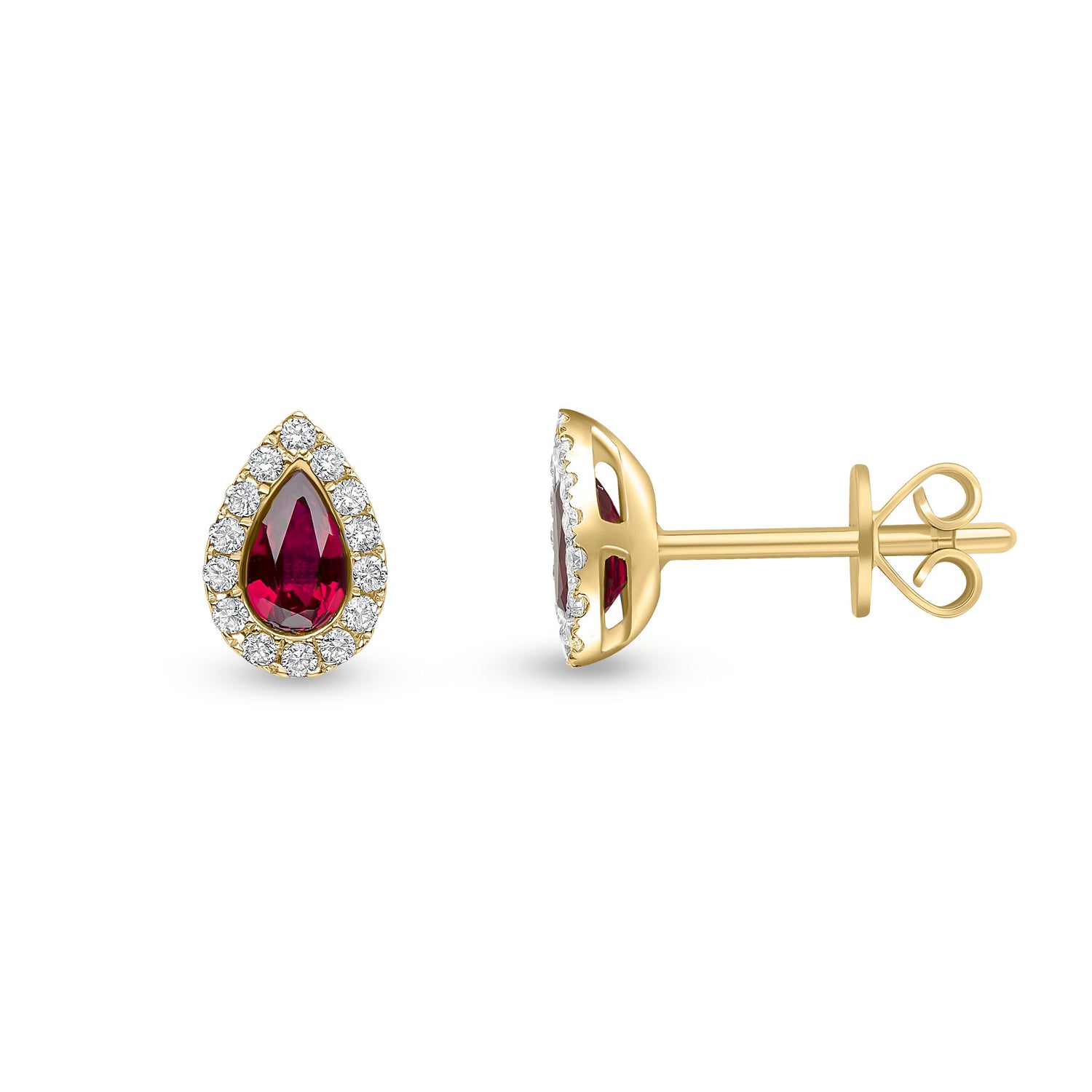 18ct Yellow Gold Pear Shaped Natural Ruby and Diamond Cluster Stud Earrings — 5x3mm