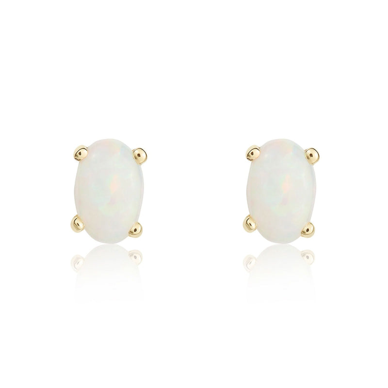 9ct Yellow Gold Oval Natural Opal Claw Stud Earrings — 6x4mm