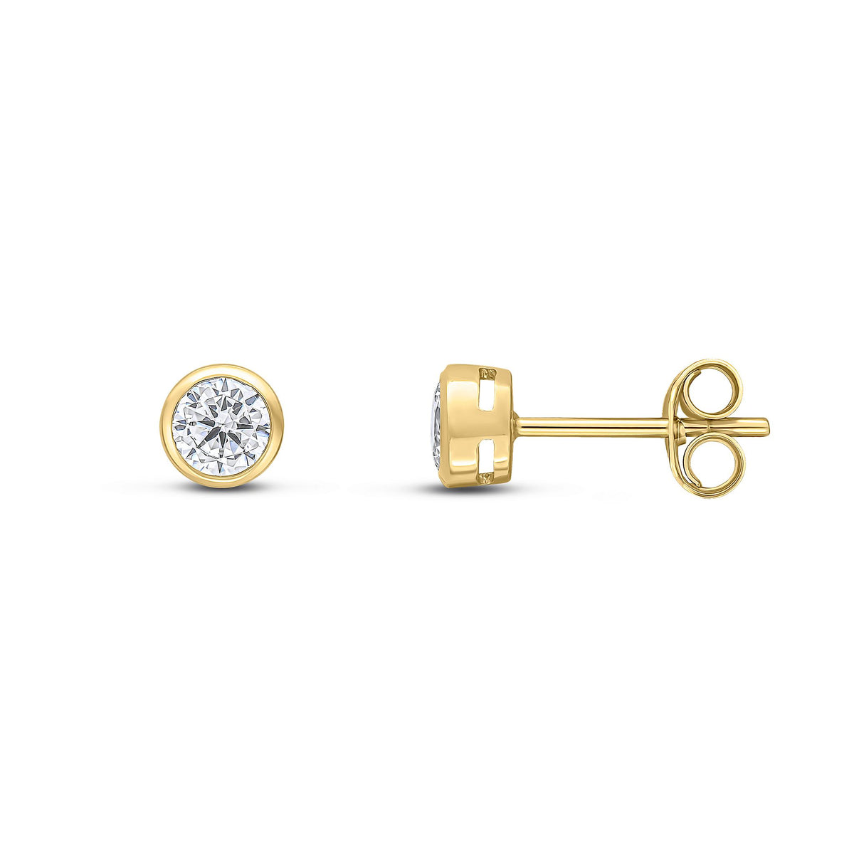 9ct Yellow Gold Round Cubic Zirconia Rubover Stud Earrings — 4mm