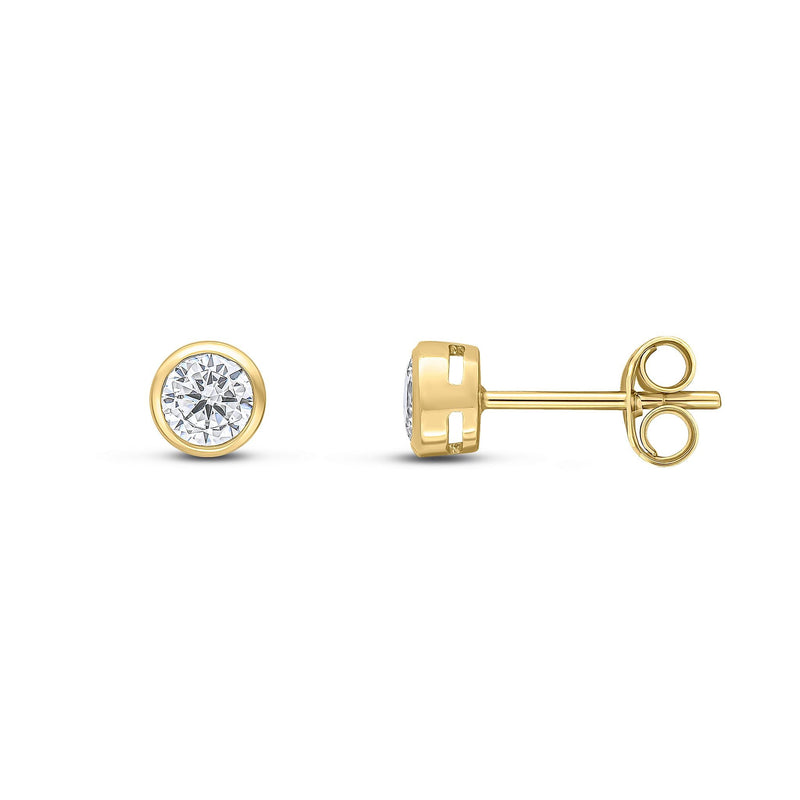 9ct Yellow Gold Round Cubic Zirconia CZ Rubover Stud Earrings — 4mm