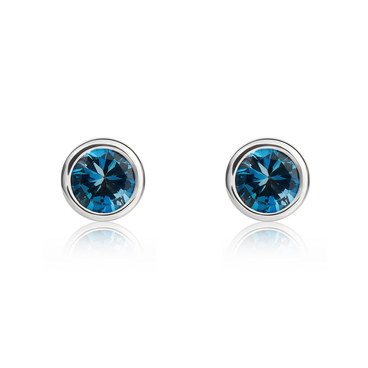 9ct White Gold Round Natural London Blue Topaz Rubover Stud Earrings — 4mm