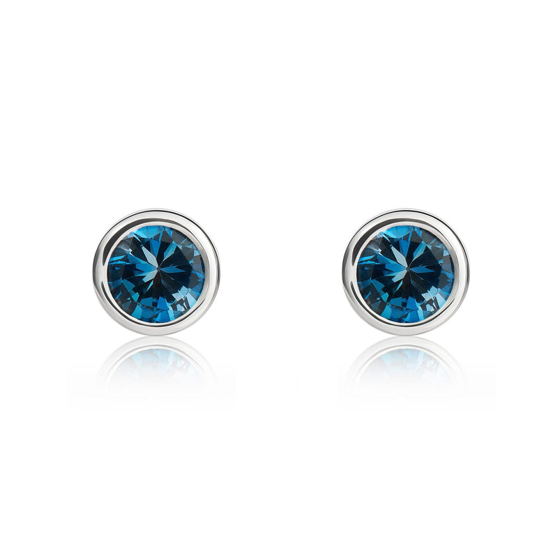 9ct White Gold Round Natural London Blue Topaz Rubover Stud Earrings — 4mm
