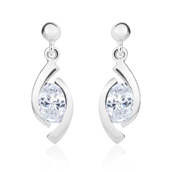 9ct White Gold Oval Cubic Zirconia CZ 'Eye' Drop Earrings — 6x4mm