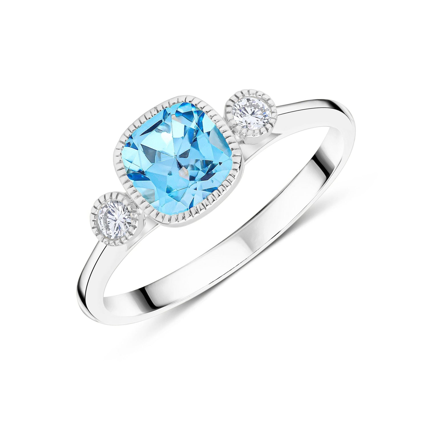 9ct White Gold Cushion Natural Swiss Blue Topaz and Round Diamond Millegrain Set Three Stone Ring — 6mm