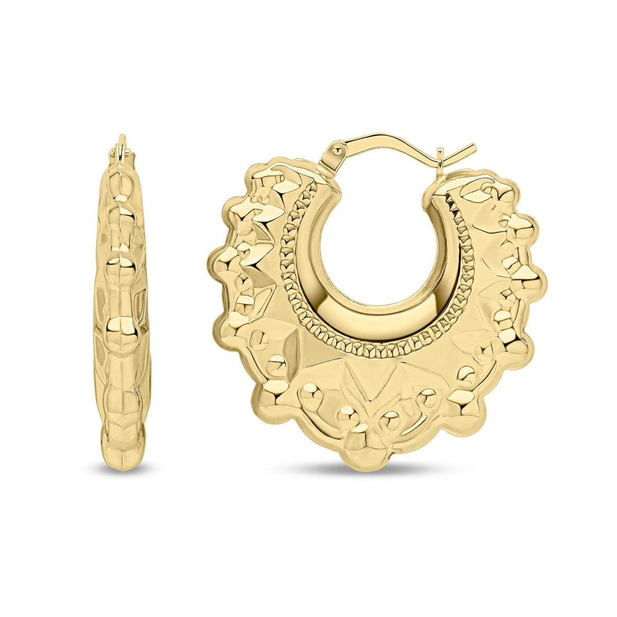 9ct Yellow Gold Ornate Scalloped Creole Hoop Earrings