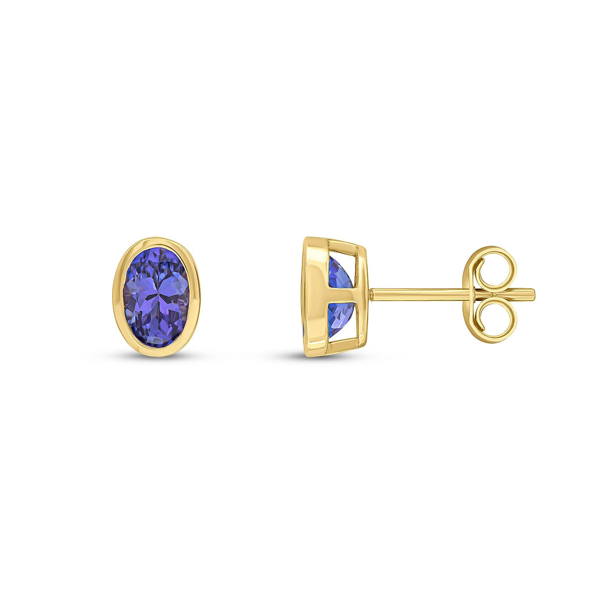 9ct Yellow Gold Oval Natural Tanzanite Rubover Stud Earrings — 6x4mm