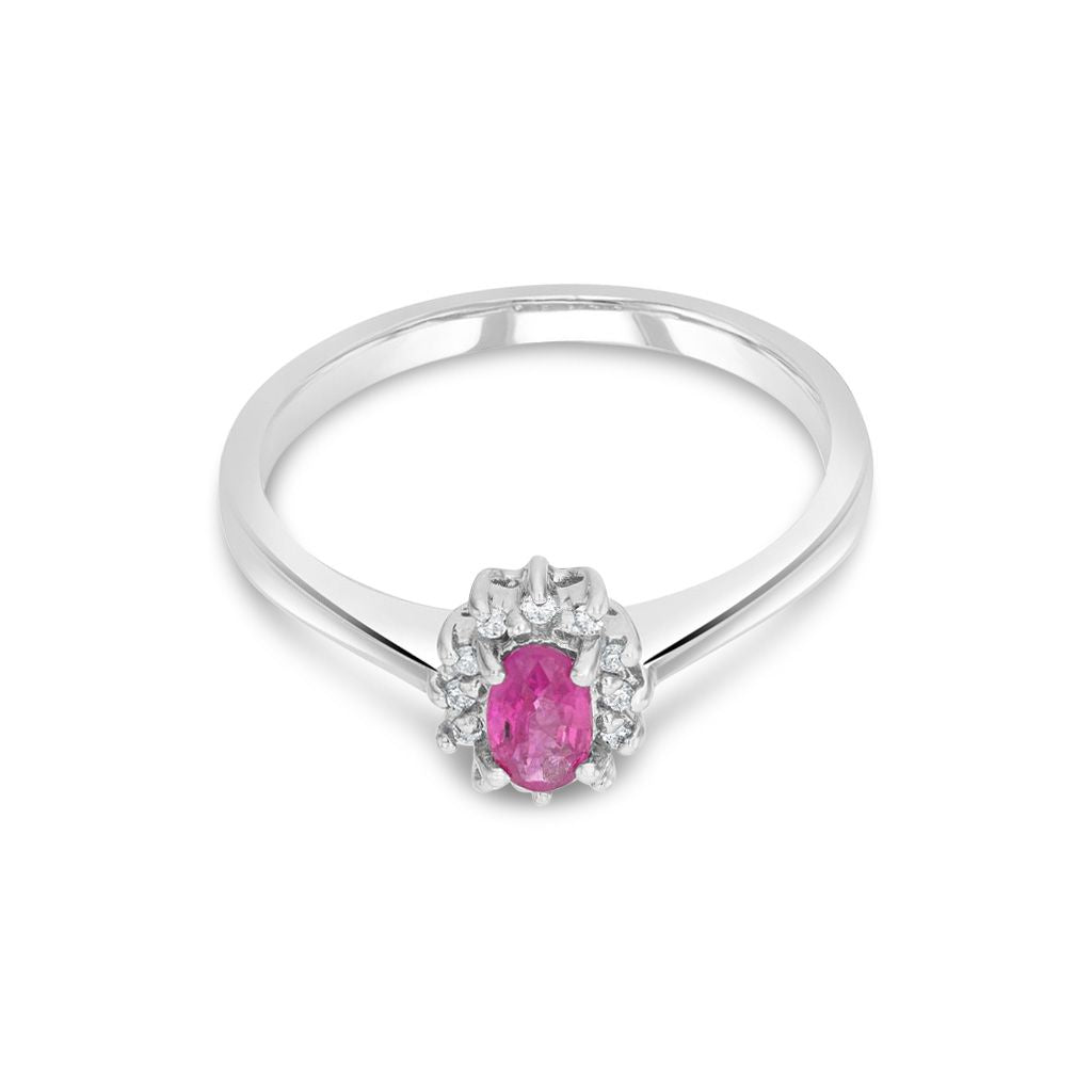 9ct White Gold Oval Natural Ruby and Diamond Claw Set Cluster Ring — 5x3mm
