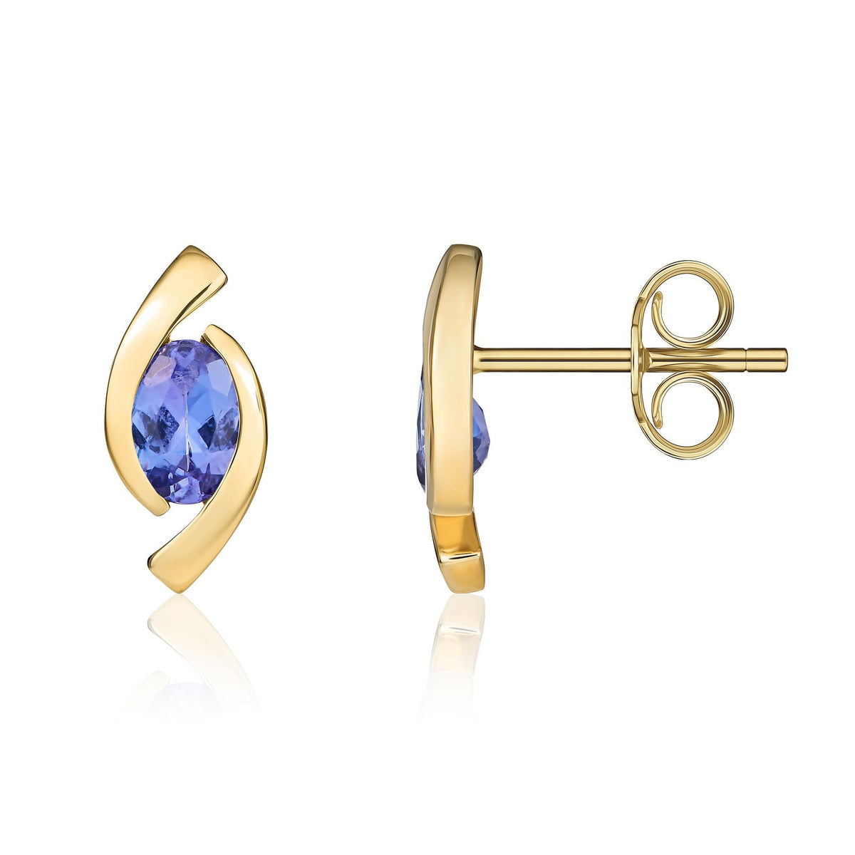 9ct Yellow Gold Oval Natural Tanzanite 'Eye' Stud Earrings — 6x4mm