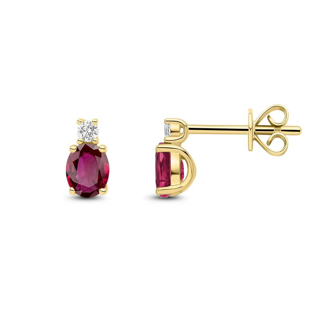 18ct Yellow Gold Oval Natural Ruby and Round Diamond Two Stone Stud Earrings — 5x4mm