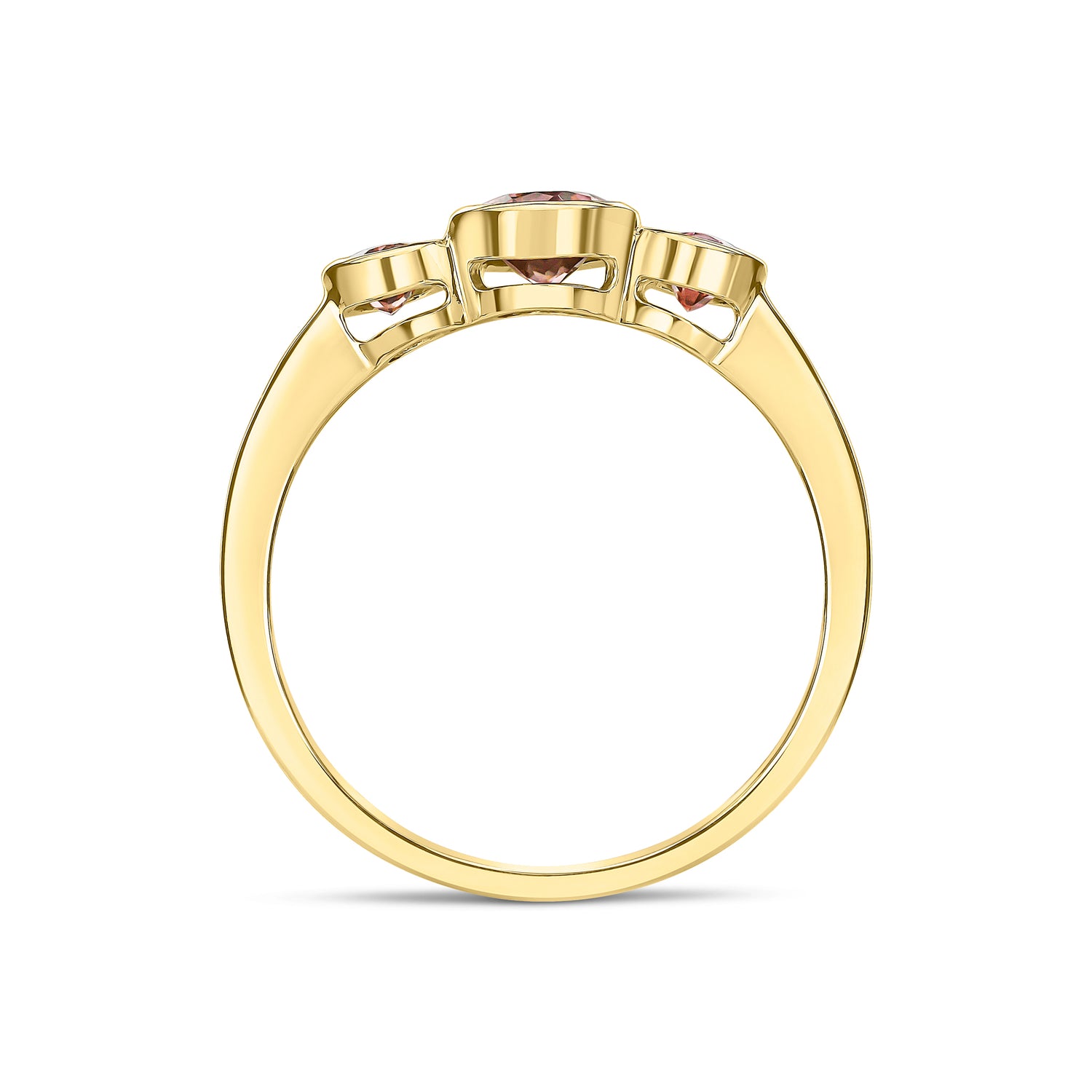 9ct Yellow Gold Oval Natural Pink Tourmaline Rubover Three Stone Ring — 7x5mm