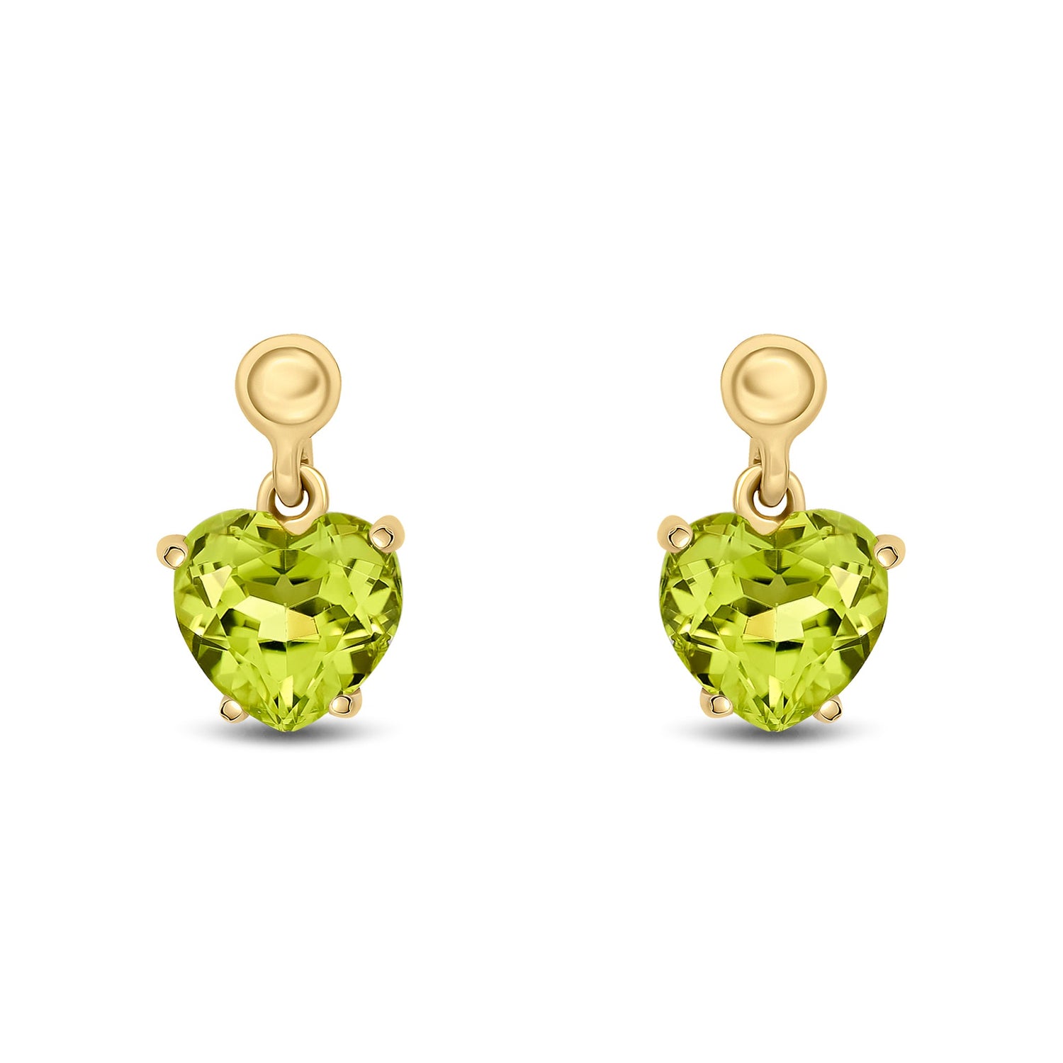 9ct Yellow Gold Heart Natural Peridot Claw Drop Earrings with Bead Tops — 6mm