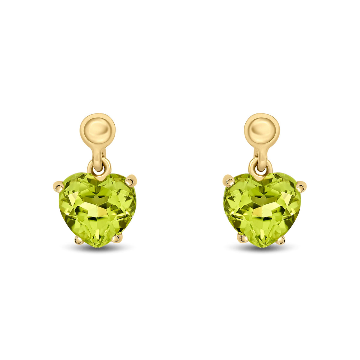 9ct Yellow Gold Heart Shaped Natural Peridot Claw Drop Earrings with Bead Top — 6mm