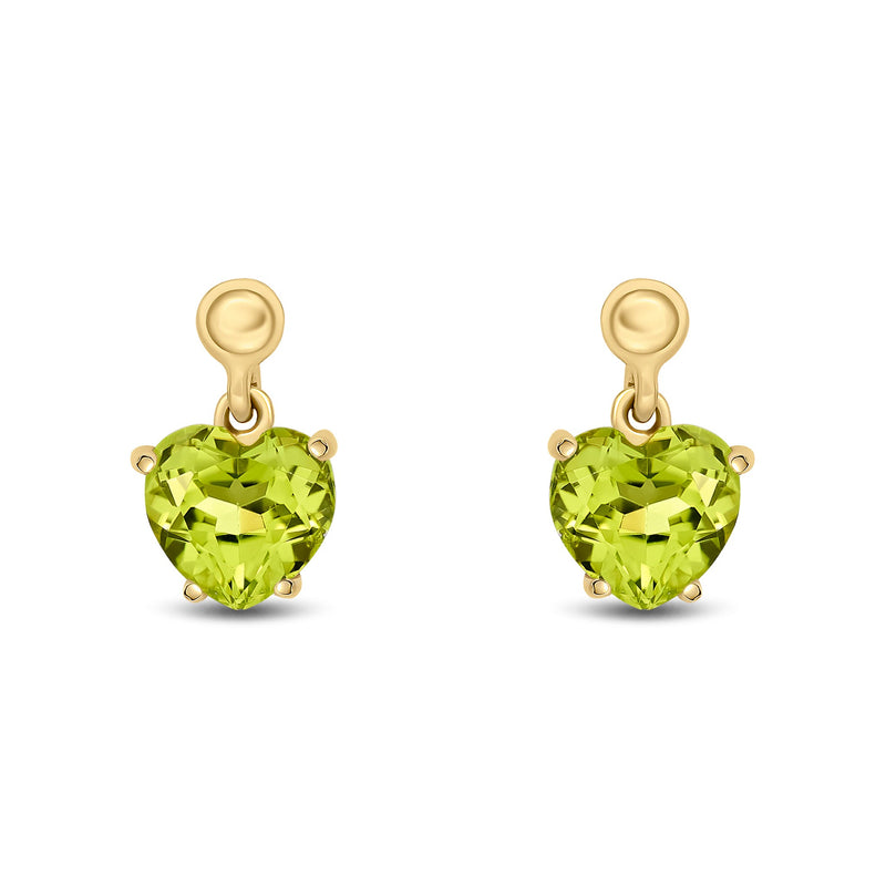 9ct Yellow Gold Heart Shaped Natural Peridot Claw Drop Earrings with Bead Top — 6mm