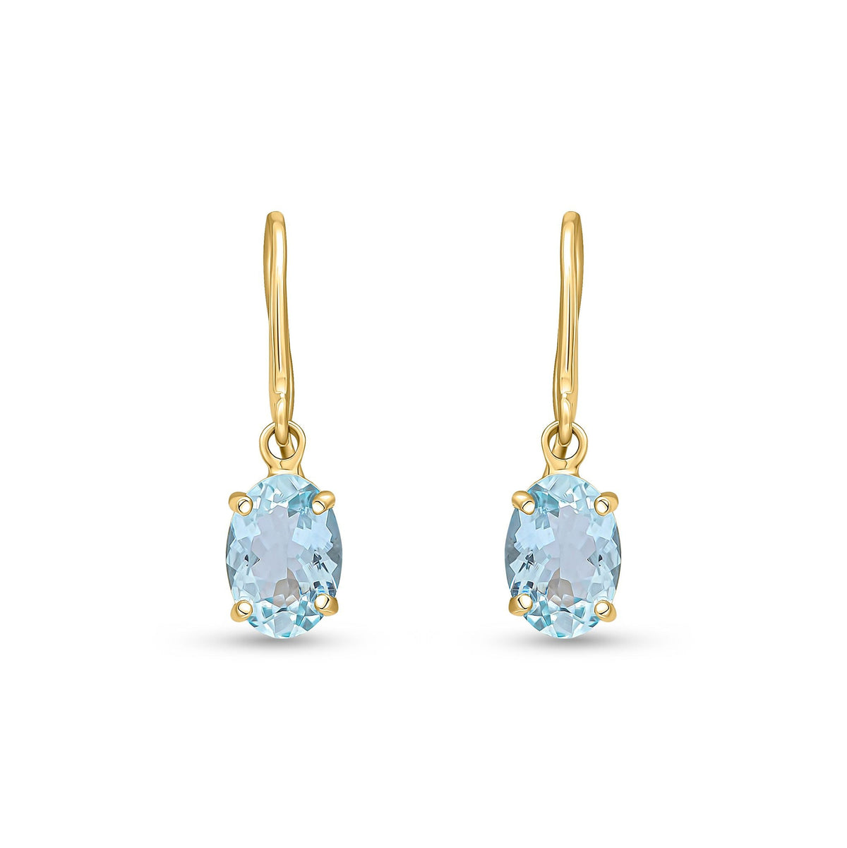 9ct Yellow Gold Oval Natural Aquamarine Claw Hook Wire Drop Earrings — 7x5mm