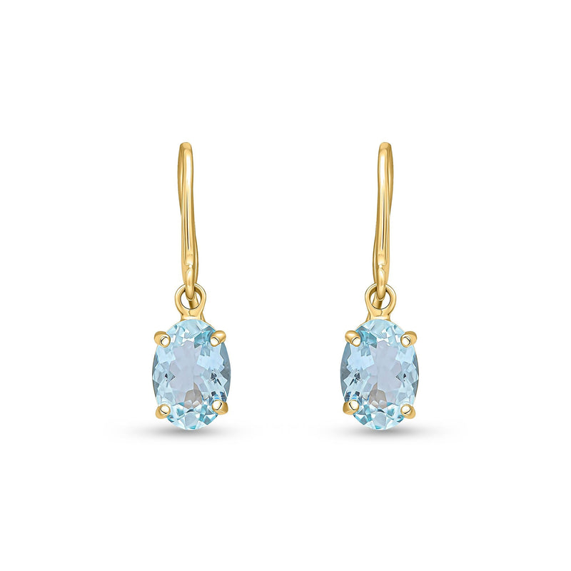 9ct Yellow Gold Oval Natural Aquamarine Claw Hook Wire Drop Earrings — 7x5mm