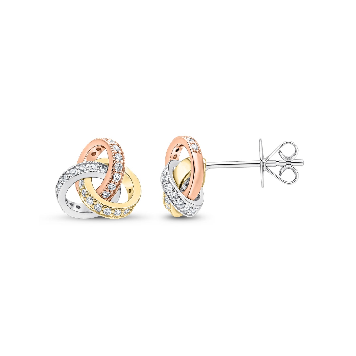 18ct Yellow, White and Rose Gold Round Natural Diamond Grain Set Knot Stud Earrings