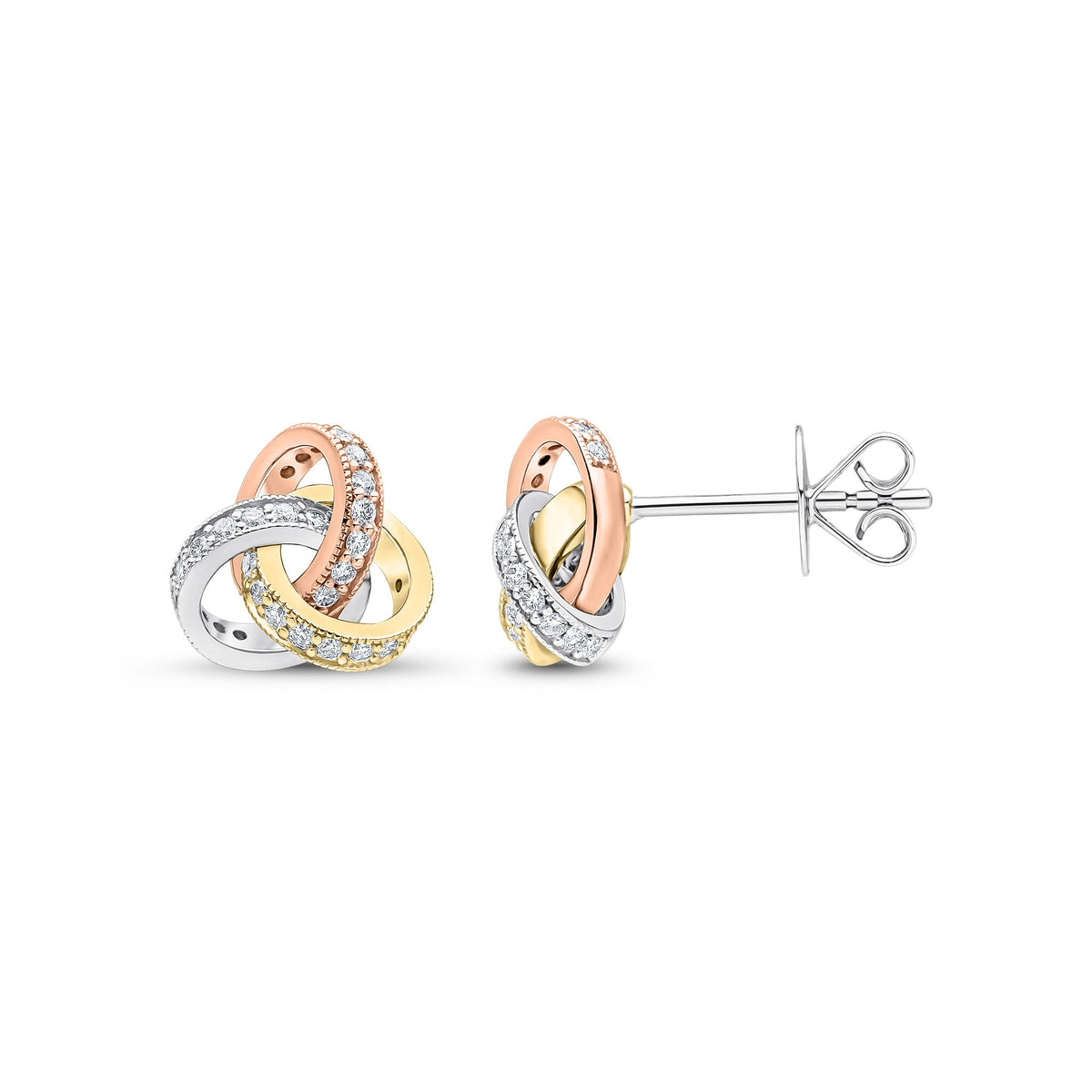 18ct Yellow, White and Rose Gold Round Natural Diamond Grain Set Knot Stud Earrings —10.5mm