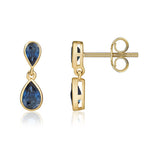 9ct Yellow Gold Pear Shaped Natural Blue Sapphire Two Stone Rubover Drop Earrings