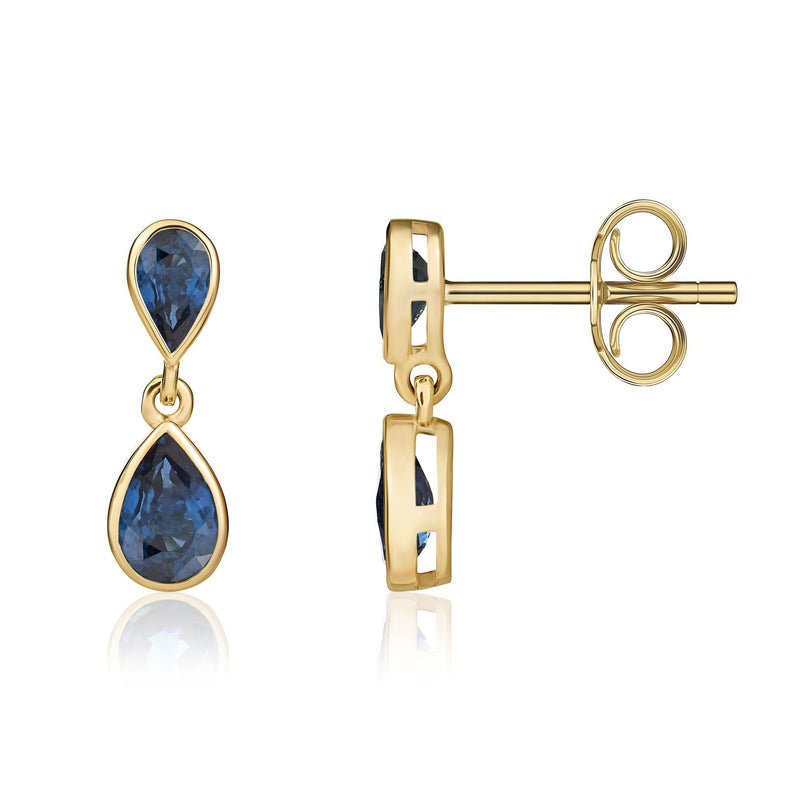 9ct Yellow Gold Pear Shaped Natural Blue Sapphire Two Stone Rubover Drop Earrings