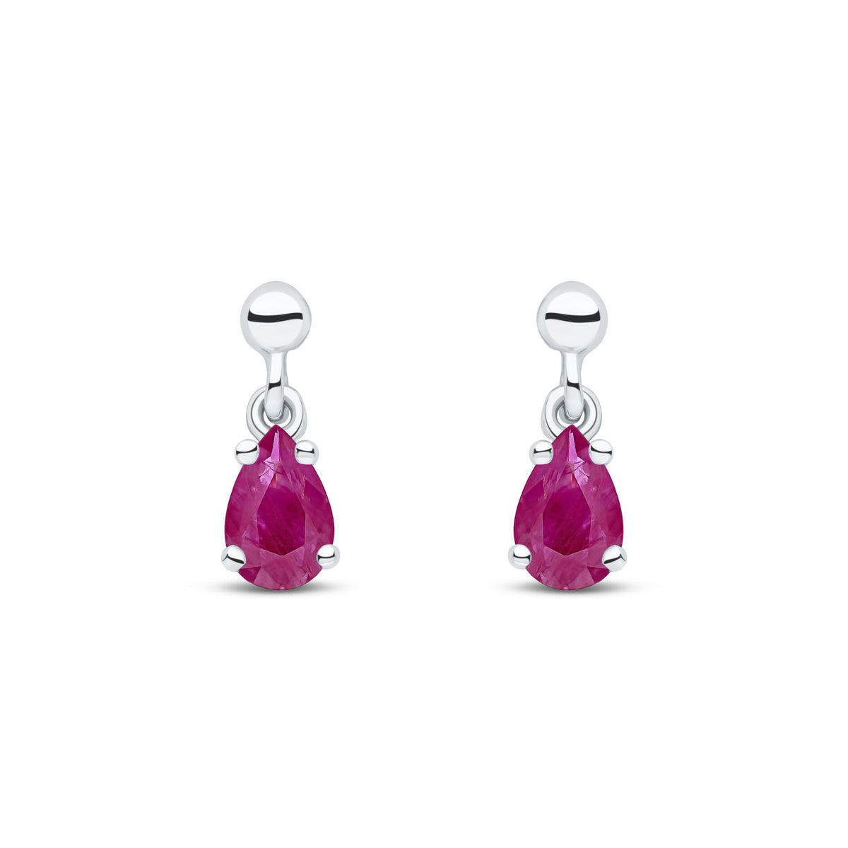 9ct White Gold Pear Shaped Natural Ruby Claw Drop Earrings — 6x4mm