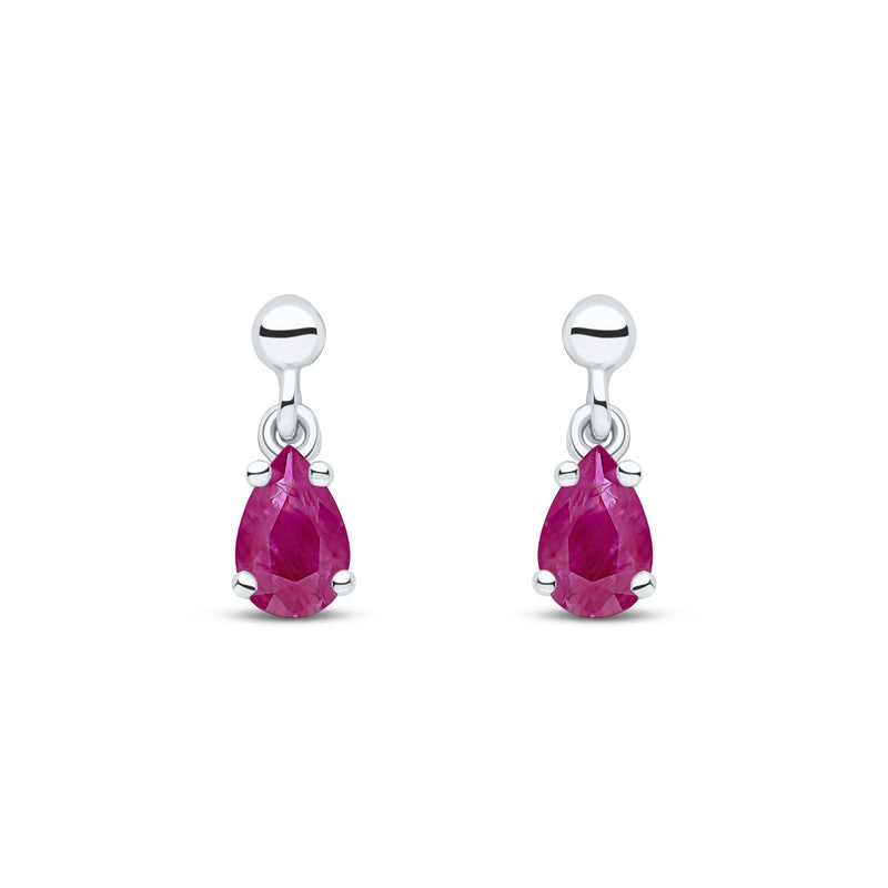 9ct White Gold Pear Shaped Natural Ruby Claw Drop Earrings — 6x4mm