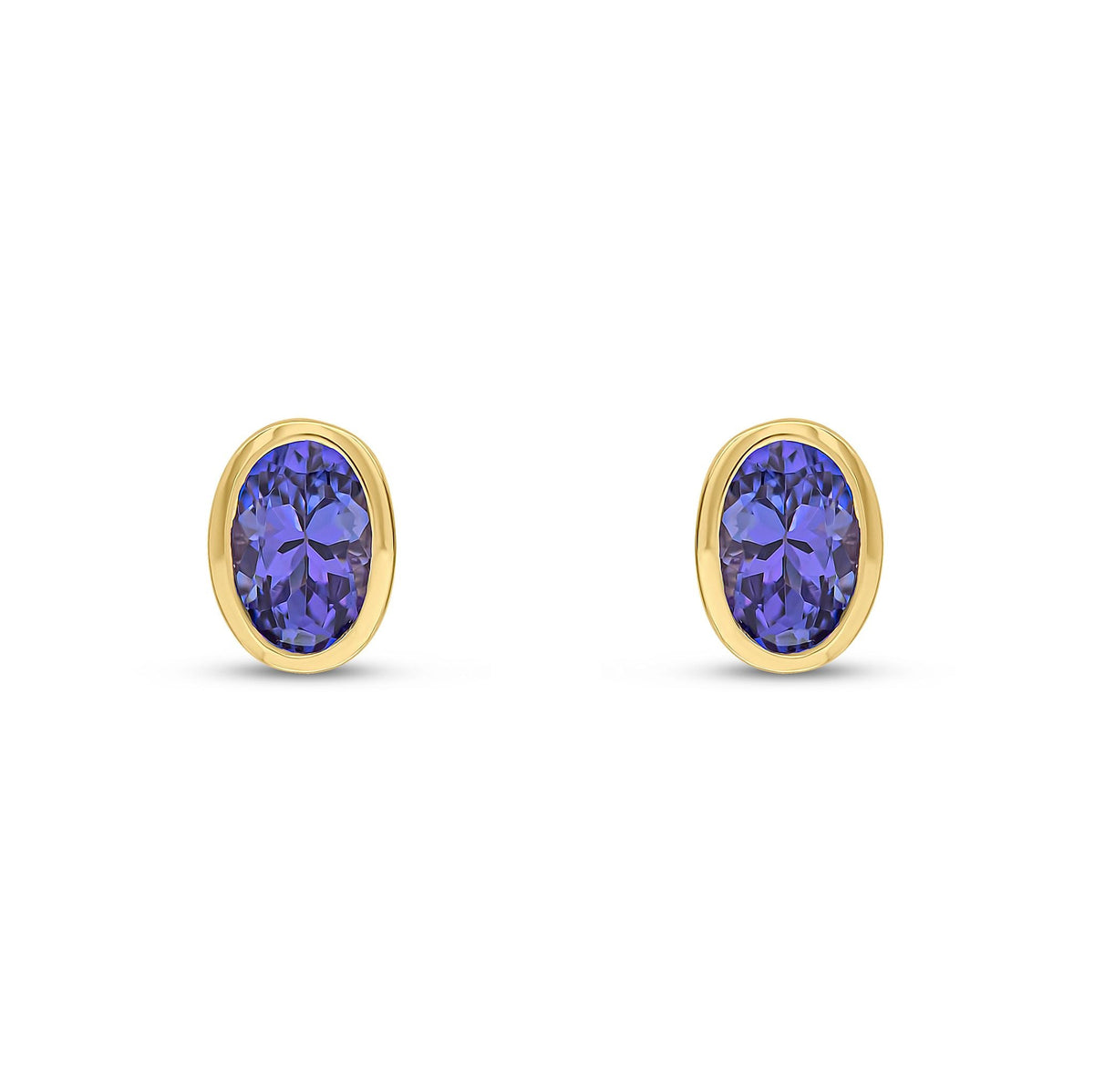 9ct Yellow Gold Oval Natural Tanzanite Rubover Stud Earrings — 6x4mm
