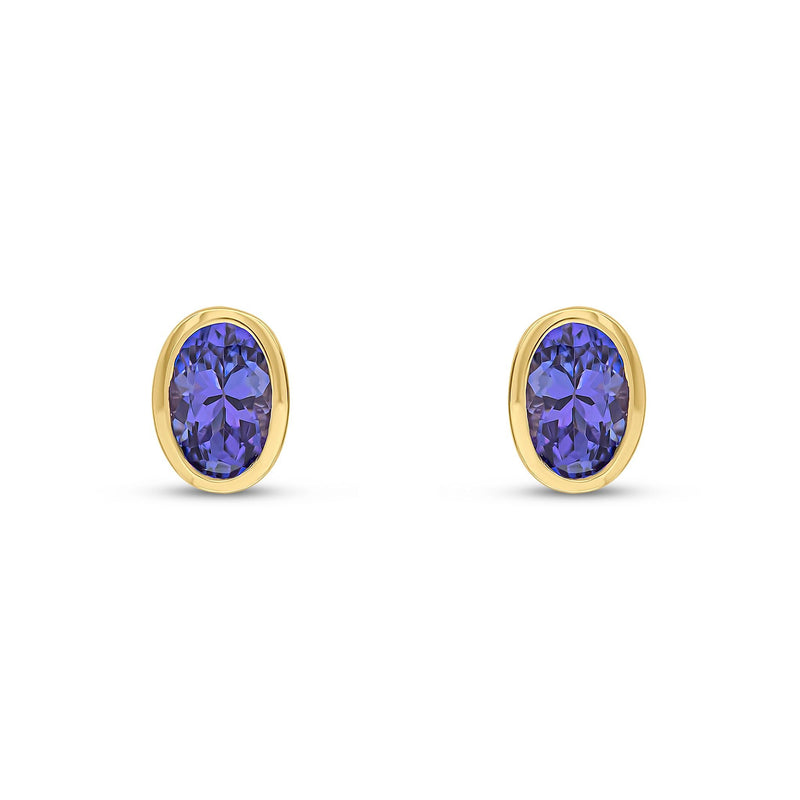 9ct Yellow Gold Oval Natural Tanzanite Rubover Stud Earrings — 6x4mm
