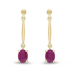 9ct Yellow Gold Oval Natural Ruby Claw Bar Drop Earrings — 7x5mm