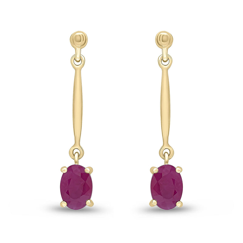 9ct Yellow Gold Oval Natural Ruby Claw Bar Drop Earrings — 7x5mm