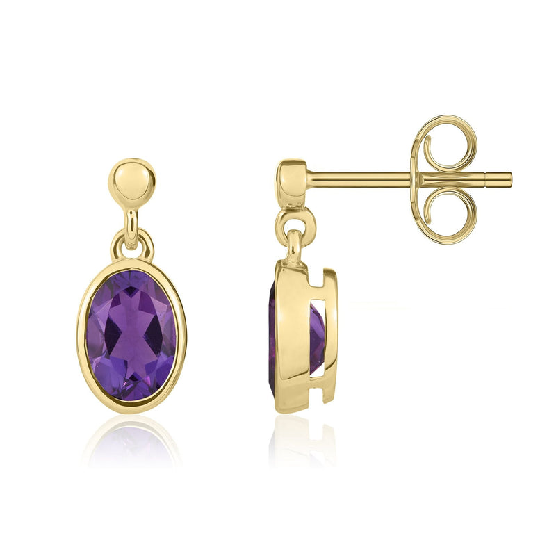 9ct Yellow Gold Oval Natural Amethyst Rubover Drop Earrings — 7x5mm
