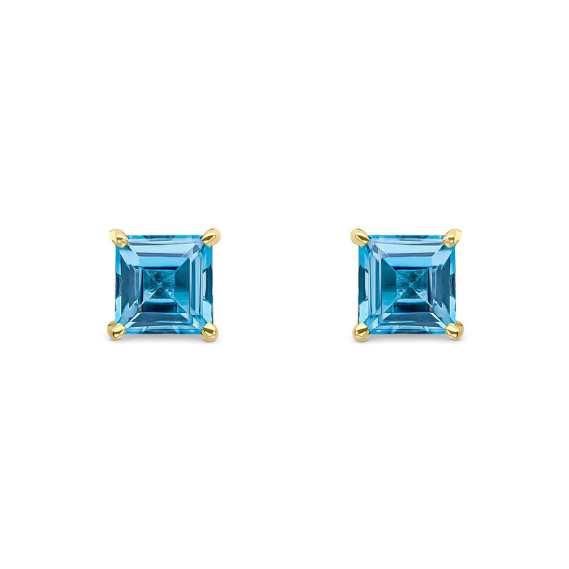 9ct Yellow Gold Square Natural Swiss Blue Topaz Claw Stud Earrings — 5mm